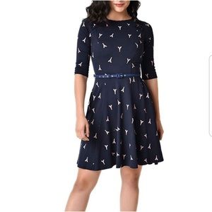 Women’s Unique Vintage Navy Blue Pink Eiffel Tower Skater Dress With Belt Small